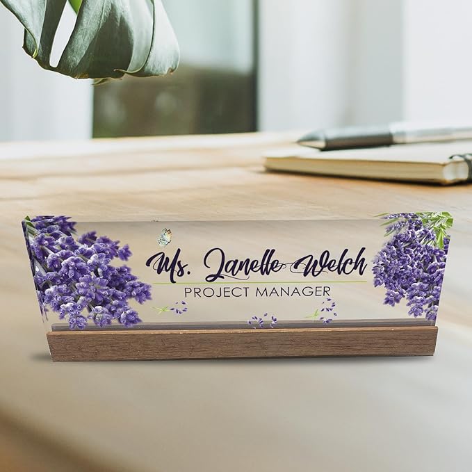 Artblox Personalized Office Desk Name Plate and Business Card Holder | Clear Acrylic Glass with Teak Wood Stand | Lavender Flowers Design Customized with Your Name and Credentials Office Desk Décor