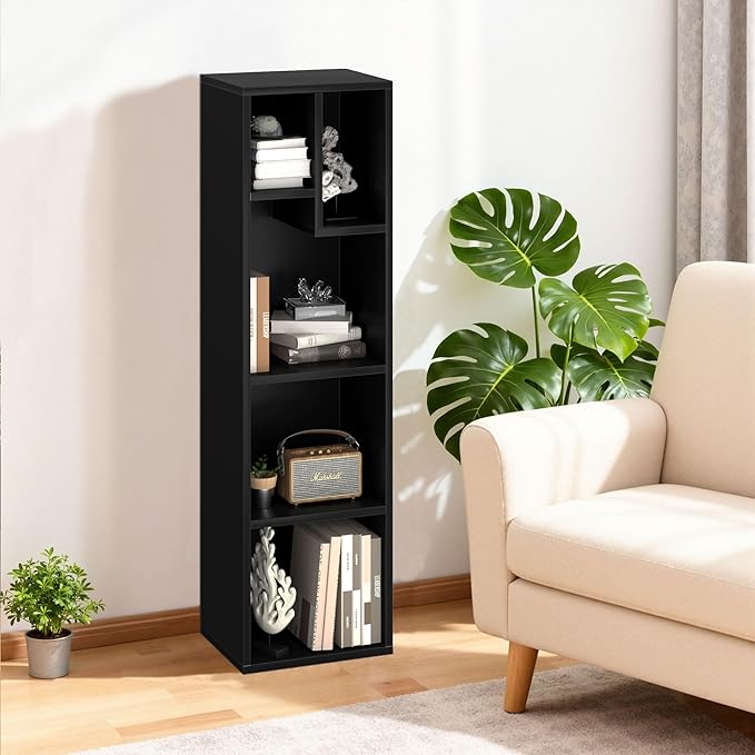 VECELO 4-Tier Slim Bookcase, Modern Storage Cabinet, Slim Bookshelf, Fits Tallest Hardcover, 5 Cubes, Vertical or Horizontal, Easy Assembly, Black