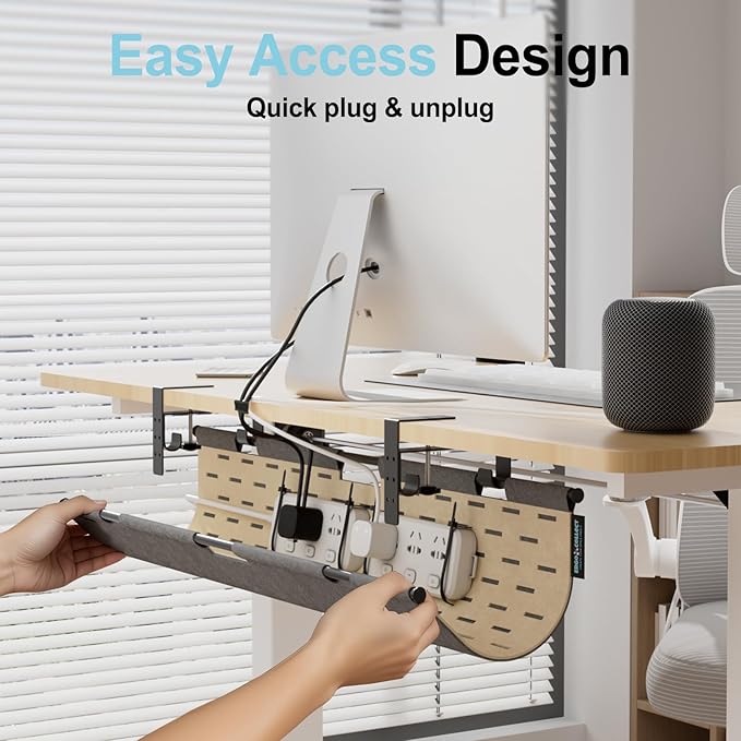 2-in-1 Under Desk Cable Management Tray & Privacy Panel, Dual-Sided Felt Cord Organizer to Hide Wires and Clutter, Desk Mount Cord Holder for Office and Home, Clamp or Screw Mount (Gray/Khaki, 45.3")