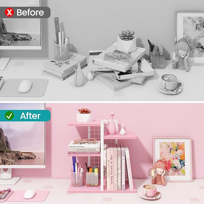 ELITEROO Desktop Bookshelf, Tiered Desk Organizer Shelf, Wooden Tabletop Bookshelf Small Desk Book Shelf, Dresser Top Organization Storage Rack and Desk Decorations for Women Office, Pink