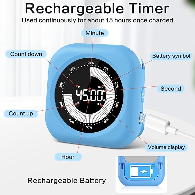 Visual Timer for Kids Rechargeable,10-Hour Digital Timer,Magnetic Timer with Visual Time Bars Design,3 Brightness/3 Volume Adjustable,Countdown/up Timers for Classroom Study Game Gym Kitchen Office