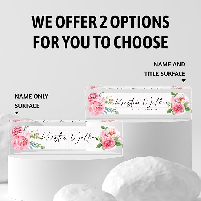 Personalized Office Name Plate, Custom Name Plate for Desks, Office Desk Decorations Gift for Women Men, Acrylic Desk Name Plate for Teacher Coworkers Staff Boss (Pink Flower)