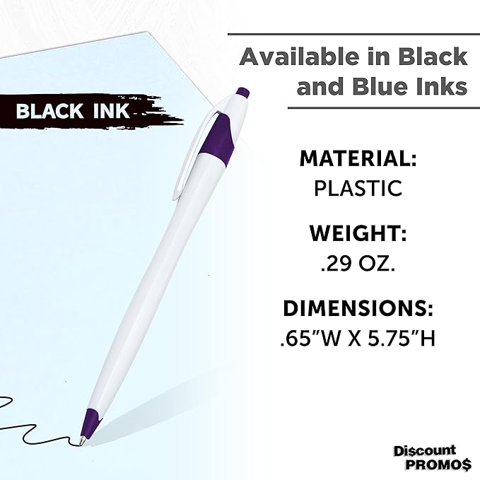 DISCOUNT PROMOS Slim Curvy Ballpoint Pens Set of 10, Bulk Pack - Black Ink, Retractable, Great for Office, School, Tradeshows - Purple