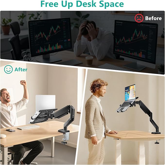 WALI Laptop Desk Mount, 2-in-1 Monitor Mount with Adjustable Laptop Tray, Fits Max 17" Notebook and 34" Computer Screen, Max Holds 22-26.4 lbs, Single Monitor Laptop Stand for Desk (GSMP001NLP), Black