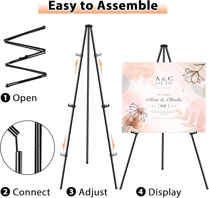 Instant Display Easel Stand, 63" Collapsible Portable Adjustable Height Art Easel - Easy Folding Telescoping Metal Floor Poster Tripod for Display, Black(3 Pack)