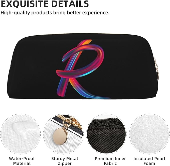 Cute Initial Pencil Case for Kids Simple Leather Pencil Pouch for Boys Girls Letter Design Pencil Box Pen Bag Pencil Pouch Office Stationery Organizer, Rainbow Letter R