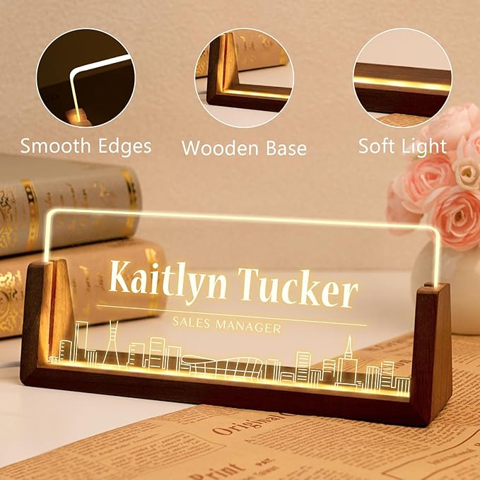 Desk Name Plate Personalized, Custom Office Light Up Name Plate for Desks, Desk Decorations for Women Men Office, Employee Appreciation Gifts for Coworkers