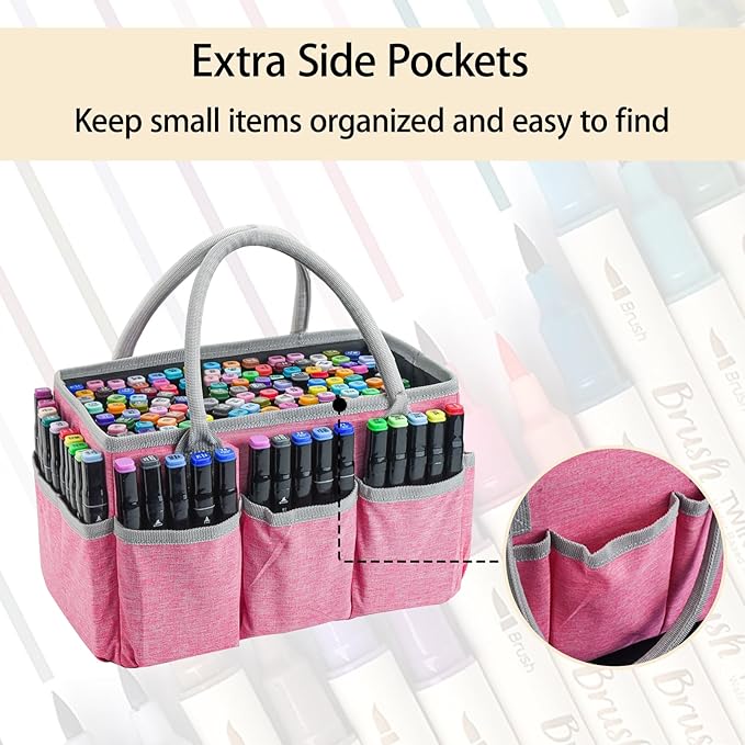 Marker Organizer Bag with Multiple Pockets, Marker Case for Art Storage Paint Markers, Paint Brushes, Coloring Books, Other Art Supplies, Pink