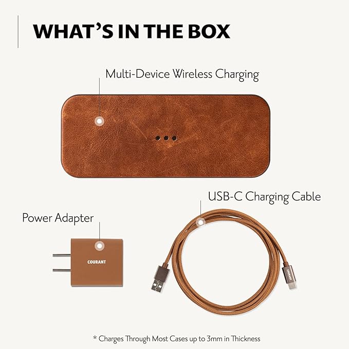 Courant Catch:2 Classics - Italian Leather Dual Wireless Charging Pad - Compatible with iPhone 11, X, SE, Galaxy S23, S22, S21, S20, Note, AirPods, AirPods Pro (Saddle)