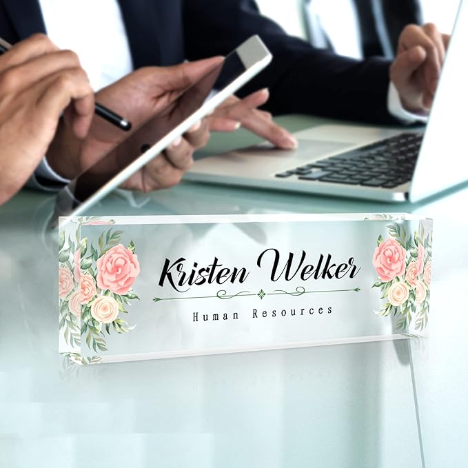 SalaGraphics Desk Name Plate Personalized, Custom for Desk, Office Decor Women Men, Acrylic Accessories, Gifts Coworkers Boss Teacher, Employee Appreciation (Flowers C),8''(L)x2.5(W)