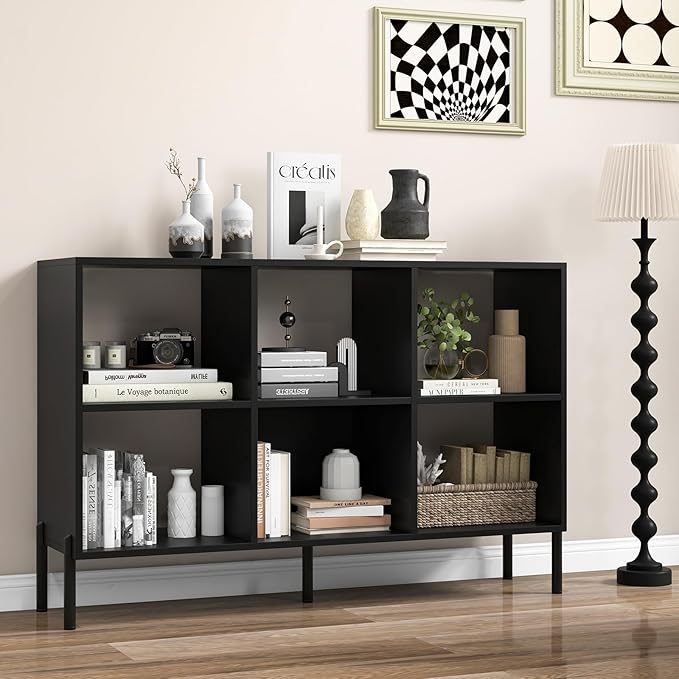 Giantex 6 Cube Bookcase, 3-Tier 47" Long Wood Bookshelf w/ 5 Metal Legs, Adjustable Shelf, Anti-toppling Device, 31.5" Tall Floor Open Shelf Bookcase, Freestanding Wooden Cube Storage Shelves