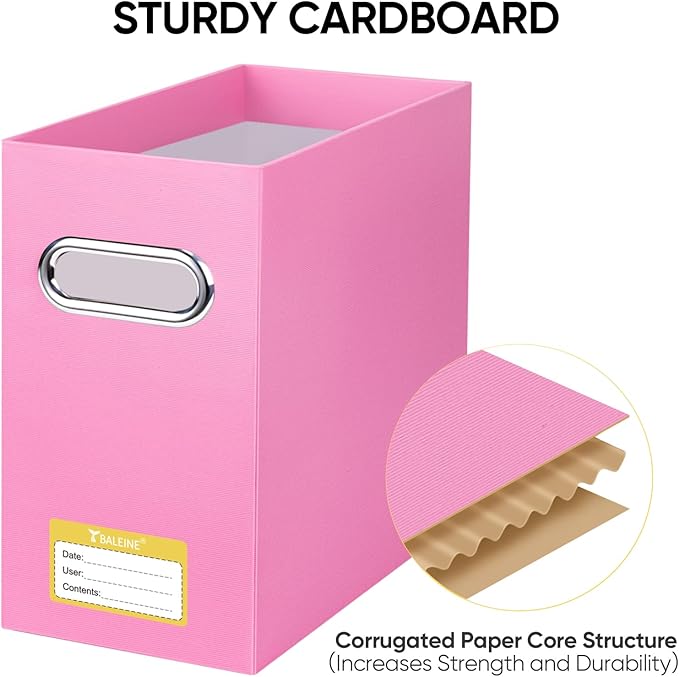 BALEINE File Organizer Box, Cardboard File Folder Organizer with Handle for Letter Size, Portable Collapsible Hanging Filing Box for Home Office Document Storage (4 Pack, Pink)