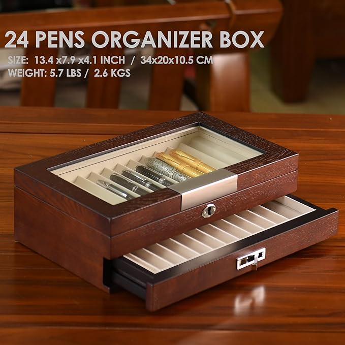 Wood Pen Organizer Box 24 Slot Fountain Pen Display Case with Drawer, Top Glass Window and Lockable Pen Collection Storage Box for Men Gift (24 Slots - Brown w Cream Velvet)