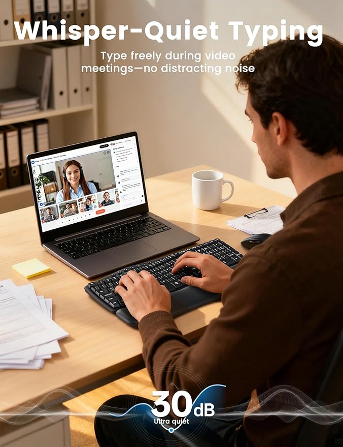 Ergonomic Wireless Keyboard and Mouse Combo, 30dB Quiet Full Size Keyboard Set with Wave Keys & Soft Palm Rest, Dual-System Switch for Windows/Mac, Ideal for Business Teams Home Office—Sablute