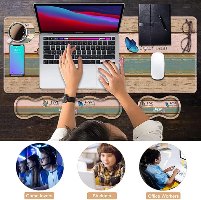 Ergonomic Keyboard Wrist Rest & Mouse Pad Wrist Rest Set, Large XXL Gaming Desk Mat 31.5"x 11.8" with Memory Foam, Easy Typing Pain Relief for Office & Home, Vintage Wood Board Live Laugh Love