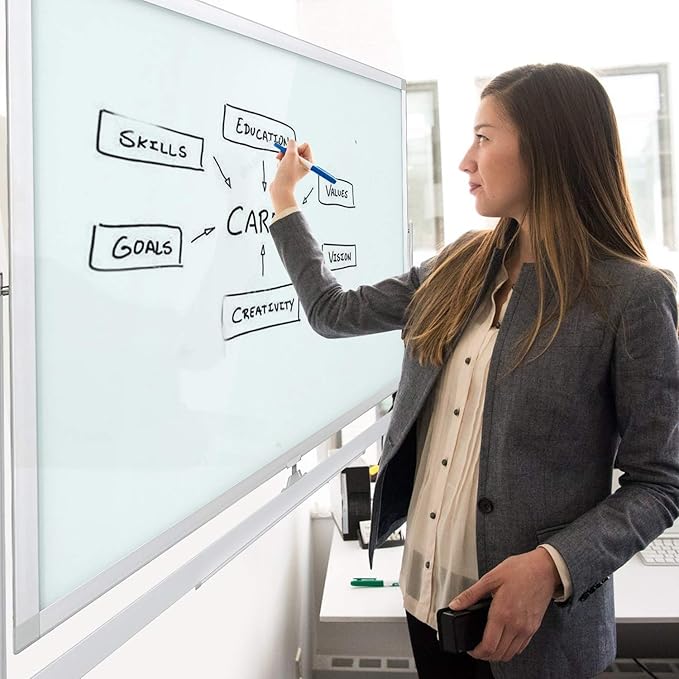 Mobile Glass Whiteboard, Magnetic Double-Sided Easel Style Glass Dry Erase White Board with Wheels - 48 x 36 Large Rolling Board Planner with Stand for Office, Classroom, School, Home.