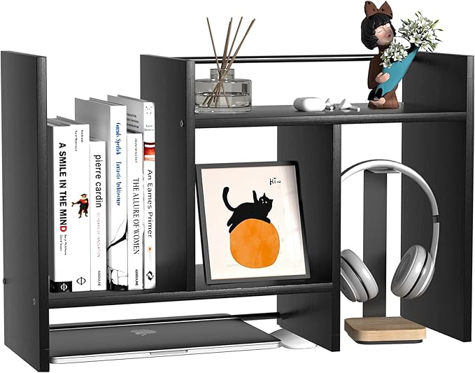 Desktop Organizer Shelf, Adjustable Wooden Double-Tier H-Shape Mini Bookcase, Multi-Use Office Storage Rack for Desk Top/Corner, Table Top Shelving & Office Organization Accessories (Black)