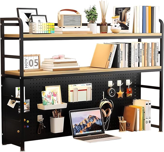2-Tier Desktop Bookshelf Hutch - Metal Desk Shelf Bookcase with Desk Pegboard Countertop Storage Organizer Rack for Dorm or Office (B, 110cm/43in)