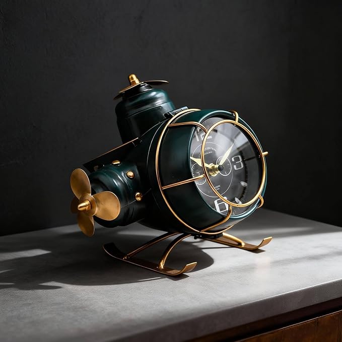 YOUKI Airplane Desk Clocks,Tabletop Decor,Airplane Gifts for Men,Industrial Decor,Shelf Clock for Bedroom Office,Silent No Ticking,Battery Operated,Green,8.6 x 8.4 x 7.5 inches