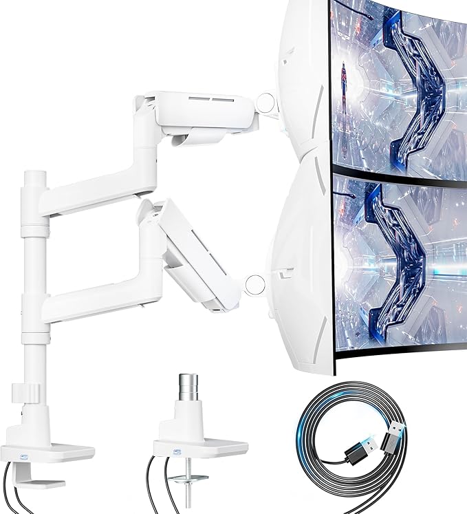 ARES WING Dual Monitor Mount for 17-49 Inch Ultrawide Heavy Duty Curved Screen Stacking, Computer Monitor Arm Desk Mount with USB, Gas Spring Adjustable Vesa Stand, White