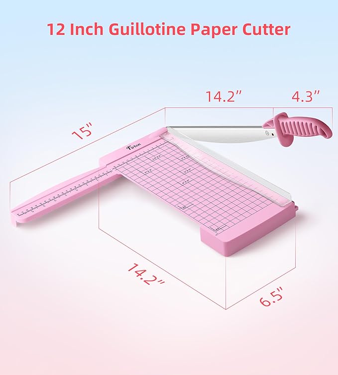 Firbon 12" Guillotine Paper Cutter with Hidden Ruler, Compact Heavy Duty 12-Sheet Capacity Trimmer for Cardstock, Photos, Scrapbooking, Office, Classroom, Studio (Pink)