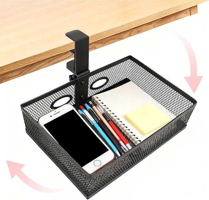 Under Desk Organizer with 360° Swivel, Clamp-On No Drill Installation, Sturdy Mesh Storage Drawer for Home Office, Pencils, Art Supplies and More (Black)