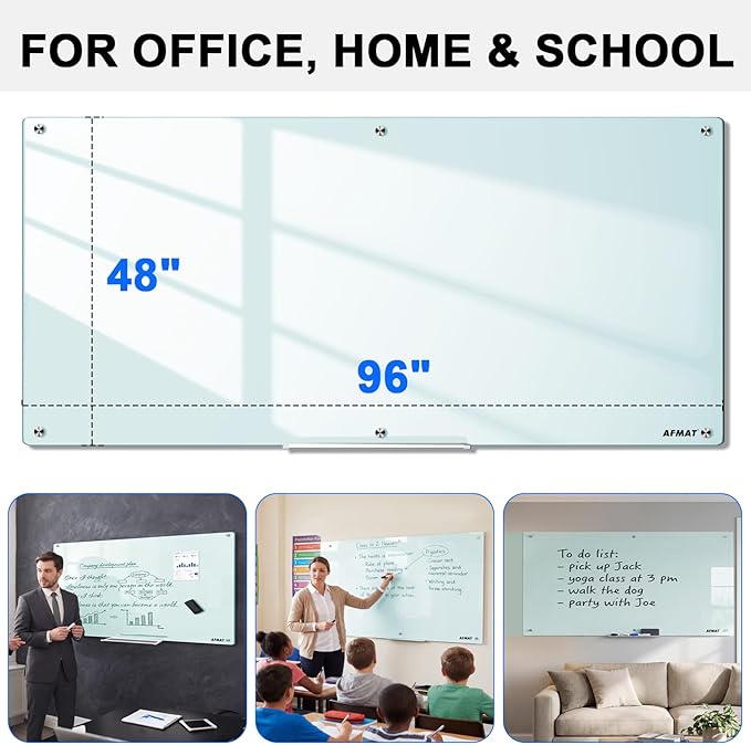 AFMAT Magnetic Glass Whiteboard, 96" x 48" Glass Dry Erase Board, 4mm Tempered Glass w/Strong Magnetic Surface, Large White Board for Wall, Frameless Wall Mounted White Board for Office Home School