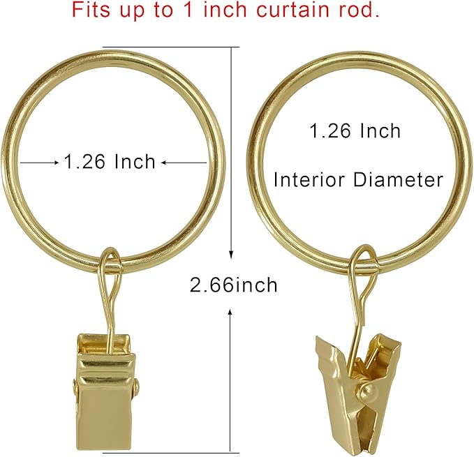 LLPJS 40 Pack Curtain Rings with Clips, Curtain Clip Rings Hooks, Bow Hanger Clips for Hanging Drapery Drapes Bows, Ring 1.26 inch Interior Diameter, Fits up to 1" Rod, Gold