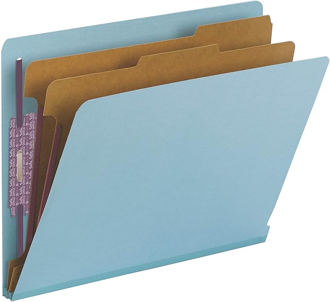 Smead 100% Recycled End Tab Pressboard Classification File Folder with SafeSHIELD Fasteners, 2 Dividers, 2" Expansion, Letter Size, Blue (26781)