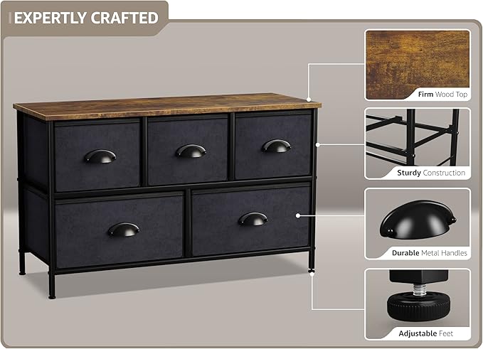 Sorbus Dresser with 5 Drawers - Storage Chest Organizer Unit with Steel Frame, Wood Top, Easy Pull Fabric Bins - Long Wide TV Stand for Bedroom Furniture, Hallway, Closet & Office Organization