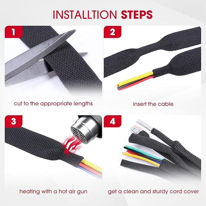 Black 2:1 Ratio Automotive Heat Shrink Braided Sleeving,Wear-Resistant Flat Woven Shrinkable Sleeve Fabric Car Cable Wires Hoses Protection (1-3/8"-19ft)