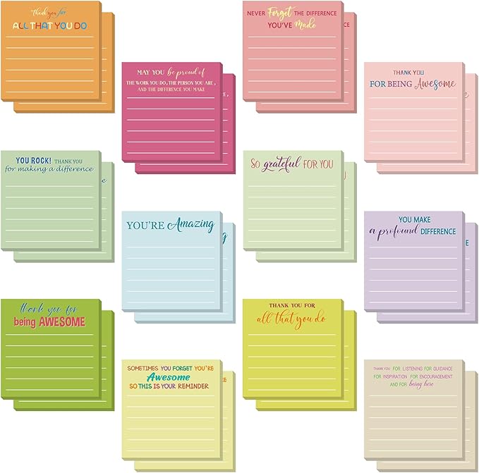 Yinder 24 Pcs Employee Appreciation Sticky Notes New Year Gift Bulk Motivation Sticky Note Pads Inspirational Gift for Teacher Nurse Staff Coworker Office Supply 3 x 3'' (Appreciation,Macaron Color)