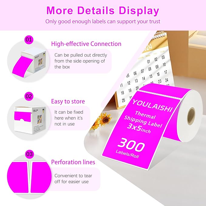 YOULAISHI 3 X 5 Inch Printable Waterproof Rectangle Color Coding Labels, 300 Per Roll Adhesive Color Coding Stickers for Bar-Codes, Address, Small Business Labeling, Fluorescent Purple