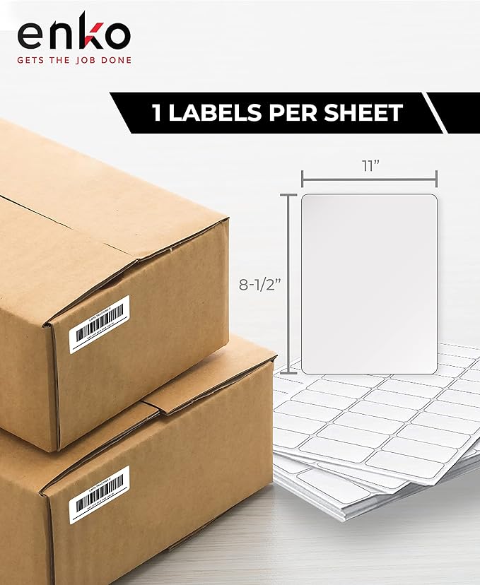 enKo 8-1/2 x 11 Inch Label - White Blank - 1 Per Sheet Full Shipping Address Labels for Laser Inkjet Printer (100 Sheets, 100 Labels)