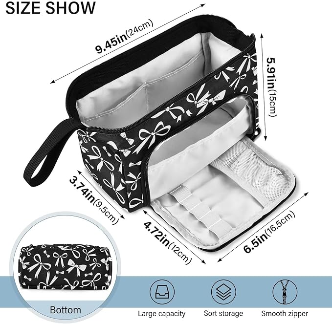 Bow Black Pencil Case Pouch Big Capacity Pencil Bag Box Organizer Pen Case with Compartmens Stationery Organizer for Girls Boys Women School College Office