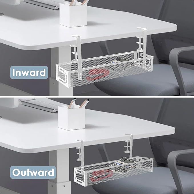 Cable Management, 2 Pack Cable Management Under Desk No Drill, Metal Cord Organizer with Clamp for Standing Desk, Cable Organizer for Home Office, White