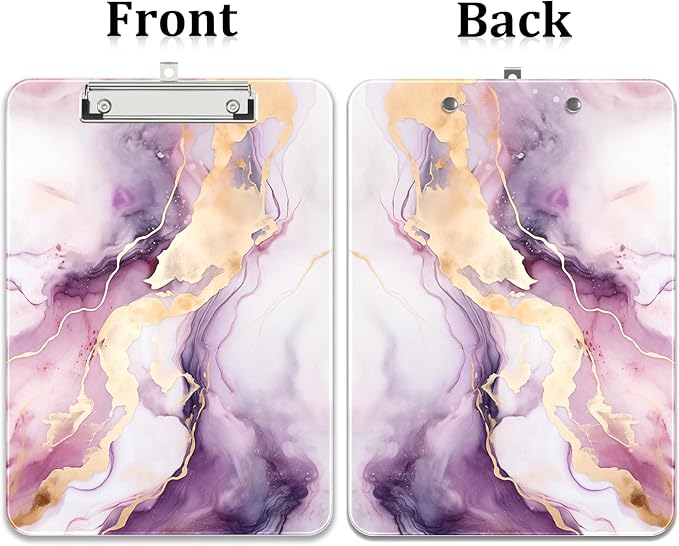 Rimilak Plastic Clipboards with Metal Clip, A4 Letter Size 9 x 12.5 in, Office Decorative for Students Women Men and Kids, Cute Custom Pattern, Purple Gold Marble