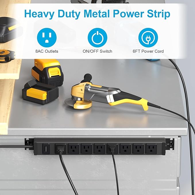 HHSOET 2 Pack Metal 360° Rotating Mountable Power Strip, 8 Outlet Gaming Table Mounted Outlet Strip, Heavy Duty Wall Mount Surge Protector with Switch, 15A 125V 1875W, 10ft Power Cord.(Black)