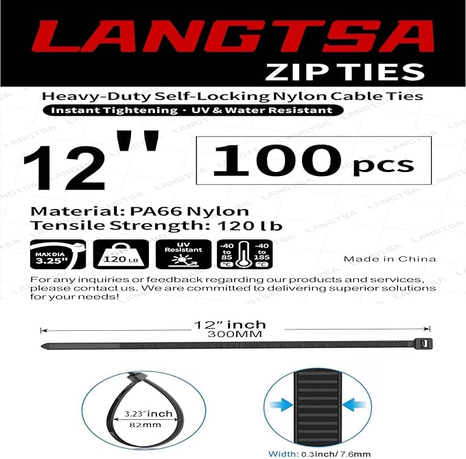 12-Inch Heavy-Duty Nylon Zip Ties, 100-Pack – 120lb Tensile Strength, Secure & Reliable for Industrial, DIY, Workshop, and Travel (Black/White) by LANGTSA