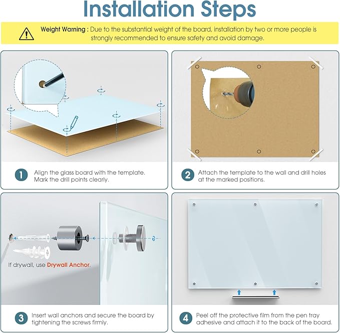 MaxGear Glass Whiteboard Wall Mounted, Frameless Magnetic Dry Erase Board, Tempered Glass, Steel-Backed, Non-Porous Smooth Surface, Floating Design, Accessories Included, for Office Home Classroom