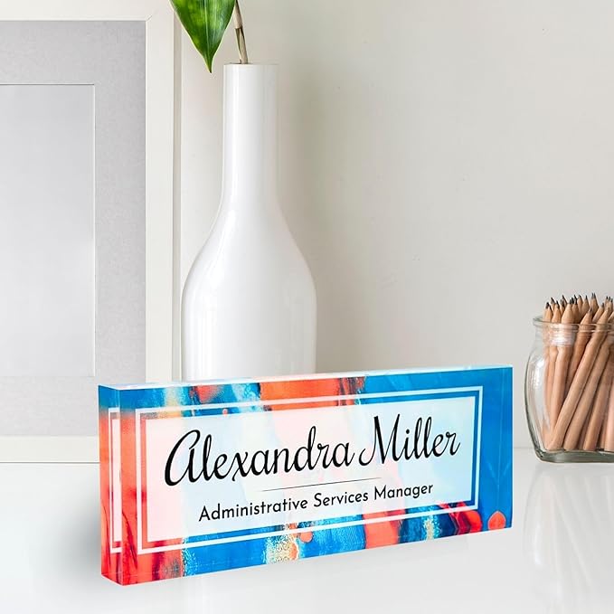 Customized Clear Acrylic Thick 8x3" Desk Name Plate Block with Personalized Logo - Professional Office Decor - Customized Acrylic Plate Gift for Teacher Co-workers, Christmas Gifts for Her, Thanksgiving Gifts (Orange-Blue Dream)