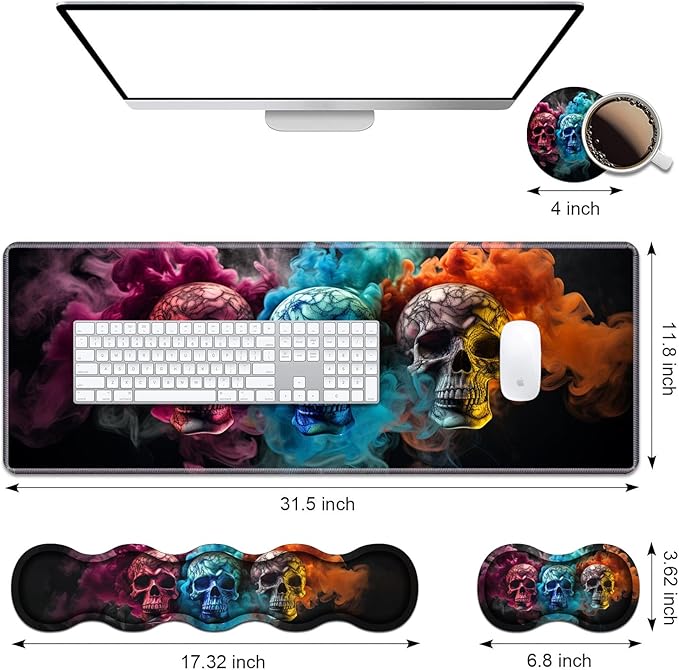 Ergonomic Keyboard Wrist Rest & Mouse Pad Wrist Rest Set, Large XXL Gaming Desk Mat 31.5"x 11.8" with Memory Foam, Easy Typing Pain Relief for Office & Home, Colored Skull