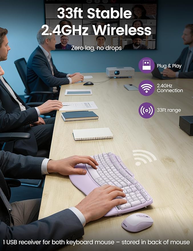 Purple Ergonomic Wireless Keyboard and Mouse Combo, Sablute 2.4G Full Size Ergo Wave Key Board with Cushioned Plam Rest, Natural Typing, 3 DPI Adjustable Silent Mouse for Computer/Laptop/Windows/Mac