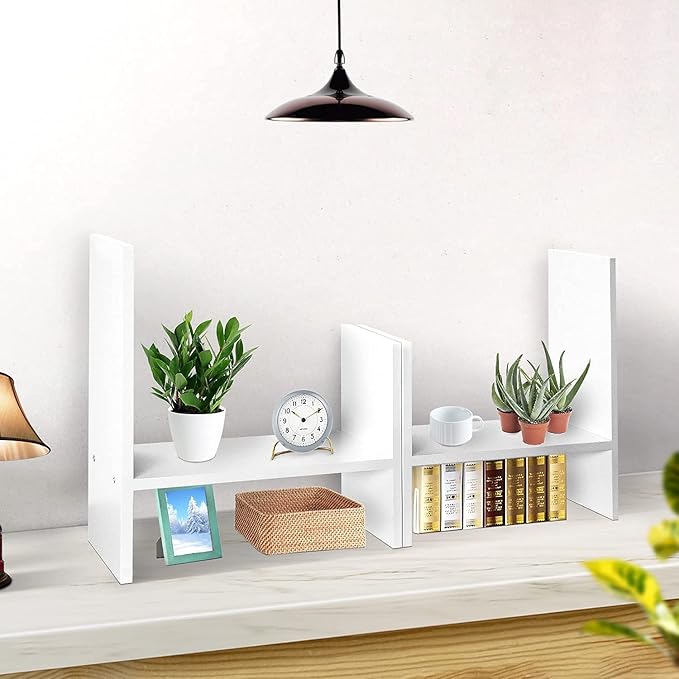 J.M.Deco Desktop Organizers and Storage for Office, Adjustable Desktop Organizer Shelves Double H Display, Desktop Shelf Organizer True Natural Stand Shelf (White)