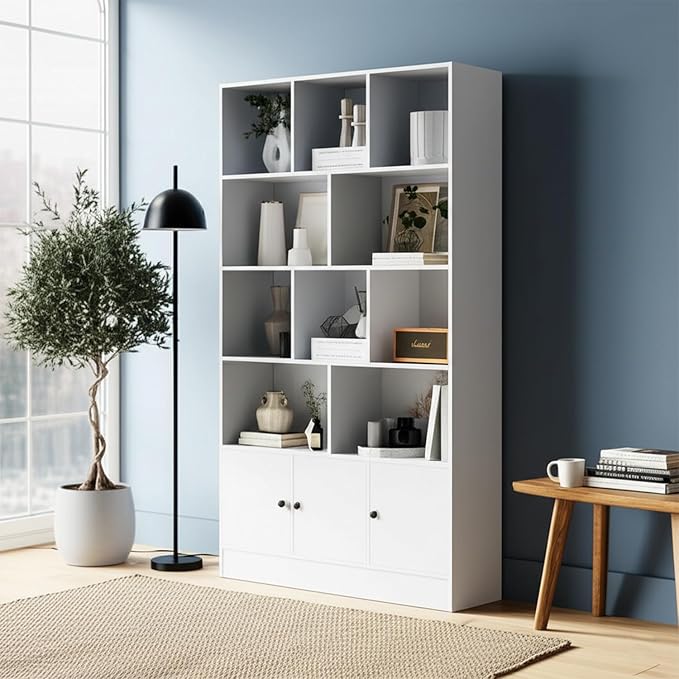 Anystyle White 5-Tier Bookshelf, 13-Cube Storage Cabinet with 3 Doors, Freestanding Bookcase for Living Room & Home Office, 35.4” W x 11.8” D x 65” H