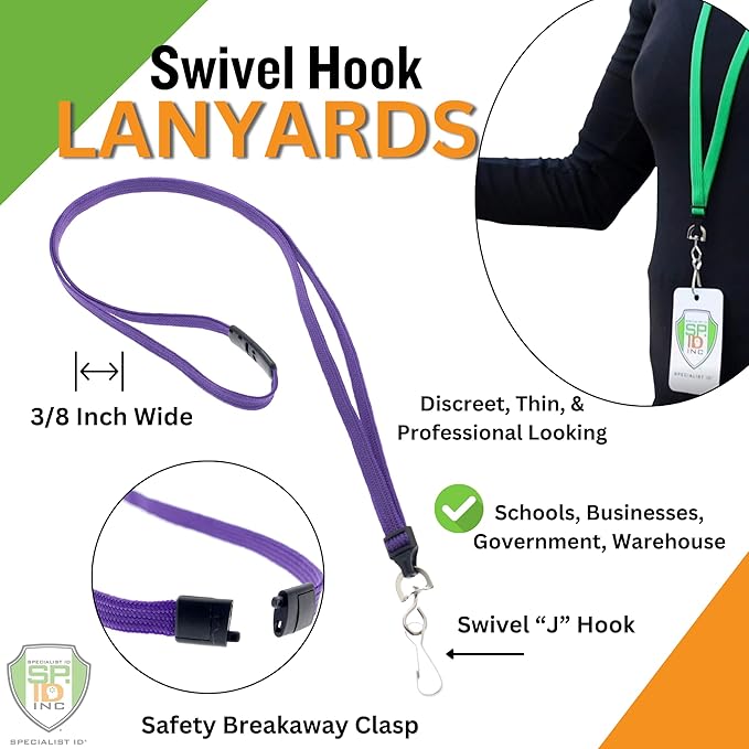 Specialist ID Bulk 100 Pack - Premium Flat Breakaway Lanyards for ID Badges & Badge Holders - 3/8" Wide Woven Safety Lanyard with Metal Swivel Hook for Teachers, Students, Cruise, Office (Purple)
