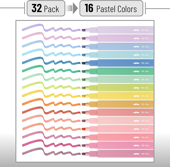 Mr. Pen- Aesthetic Highlighters, 32 Pack, Chisel Tip, Pastel Colors, Bulk, Cute Highlighters Assorted Colors, for Journaling, School, Office, Home, Back to School Supplies