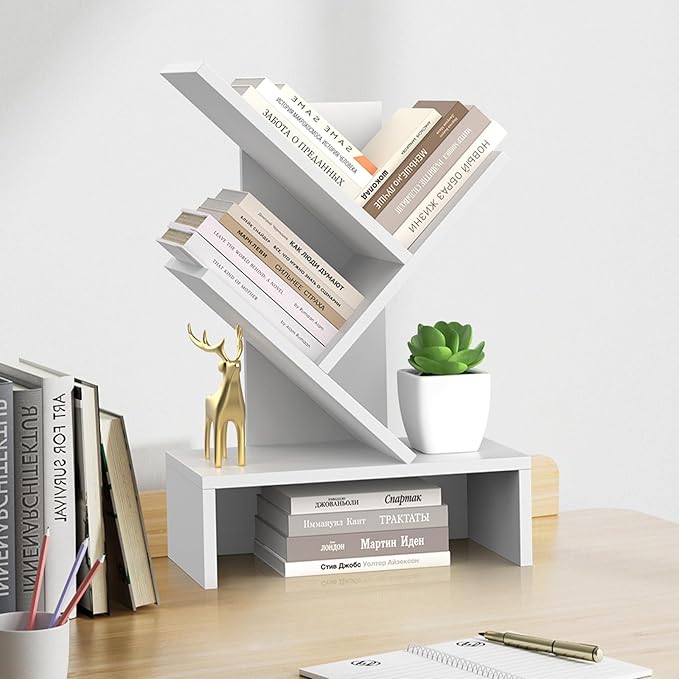 Godferyxin Small Bookshelf with Drawer,Mini Book Holder for Desk,White Wood Desktop Book Shelf for School,Office,Bedroom,Organizer CDs-Tree Bookcase