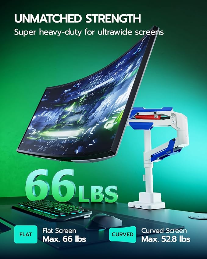 ARES WING CoreArm Single Monitor Mount with USB, Ultrawide Monitor Arm for 24 to 57'' Heavy Duty Curved Screen, Adjustable Gas Spring Monitors Arm Stand up to 66LBS with 75/100/200 Vesa Mount, White