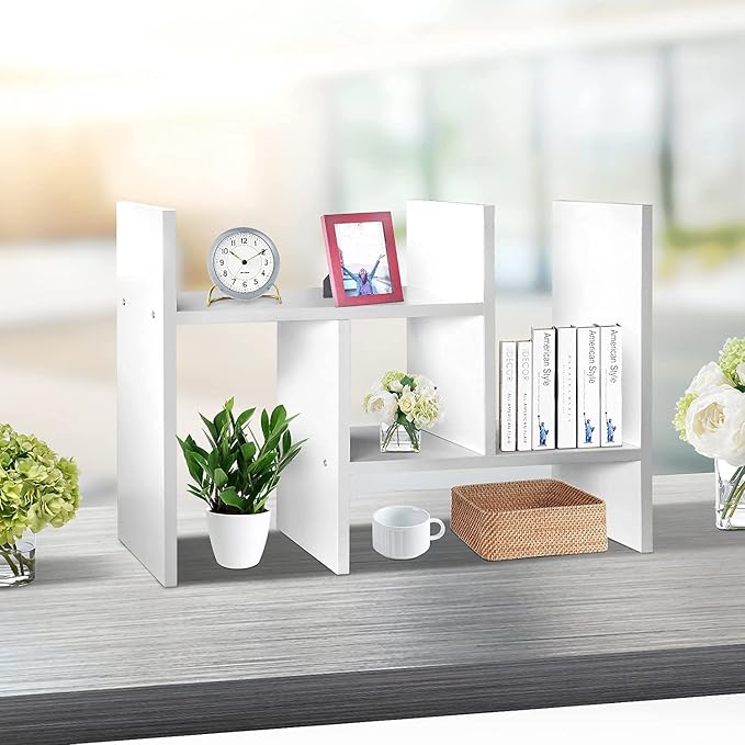 J.M.Deco Desktop Organizers and Storage for Office, Adjustable Desktop Organizer Shelves Double H Display, Desktop Shelf Organizer True Natural Stand Shelf (White)